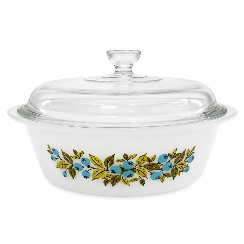 Vintage Glassbake Blueberry 2-Quart Milk Glass Casserole Dish with Lid Round